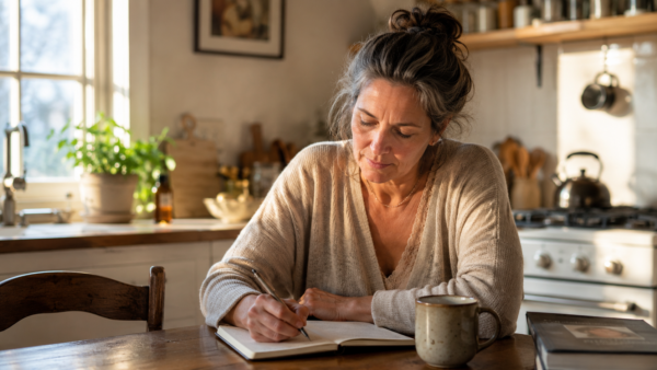 Person In Their 50S Journaling At A Kitchen Table, Thinking About Legacy In Midlife