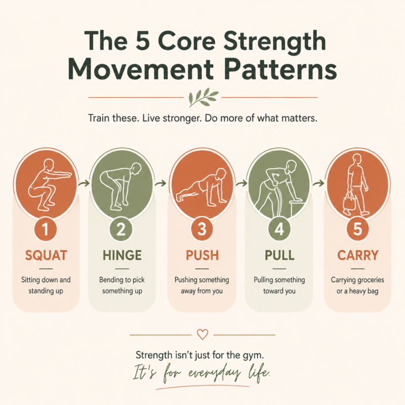 Why Strength Training After 50 Matter More 2 Infographic Showing The Five Core Movement Patterns For Strength Training After 50: Squat, Hinge, Push, Pull, And Carry