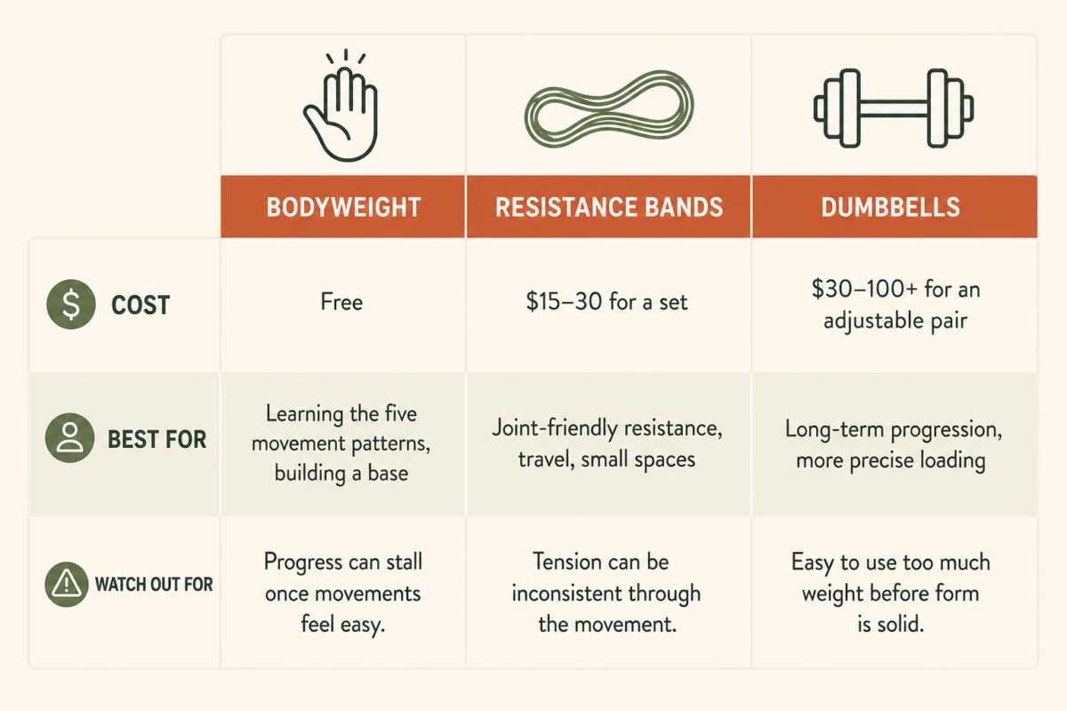 Why Strength Training After 50 Matter More 3 Comparison Table Of Bodyweight, Resistance Bands, And Dumbbells For Beginners Over 50