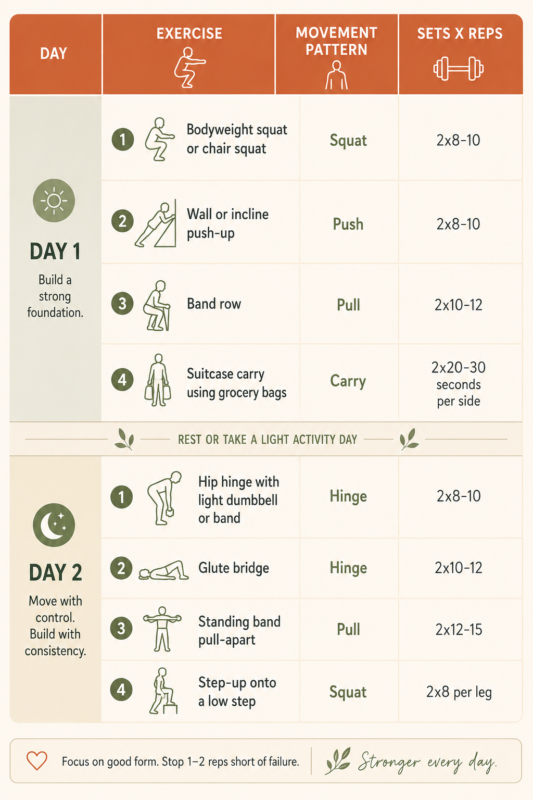 Why Strength Training After 50 Matter More 4 Sample Two Day Strength Training Routine For Beginners After 50 Using Bodyweight And Resistance Bands