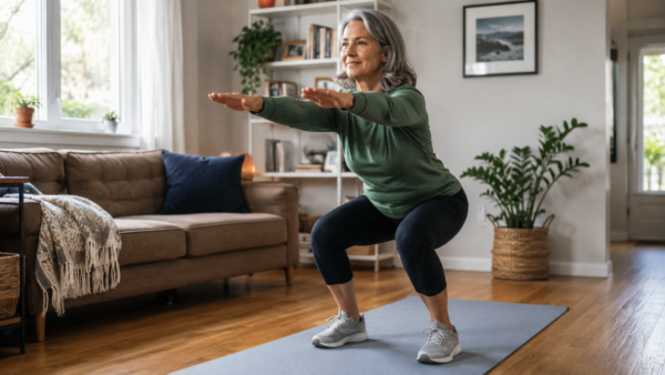 Adult Over 50 Doing A Bodyweight Squat At Home As Part Of A Strength Training After 50 Routine