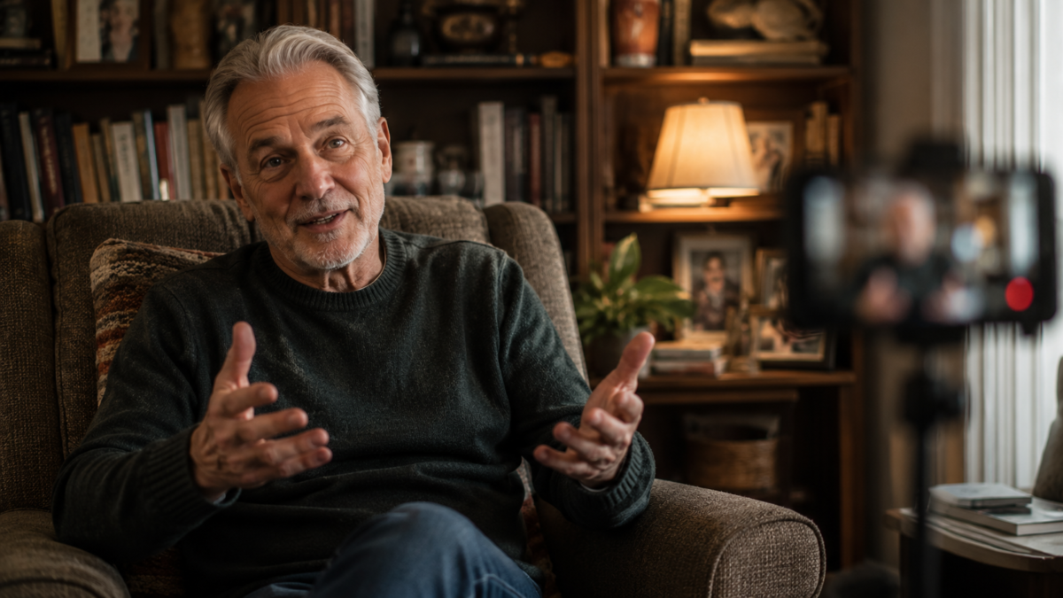 Legacy Interview Recording Family Stories Creating Meaningful Legacy For Your Children. Man In His 60S Being Recorded Telling Family Stories In A Warm Home Setting