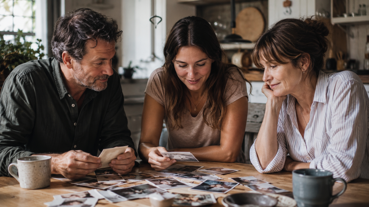 Parents And Adult Child Looking At Family Photos Together At A Kitchen Table