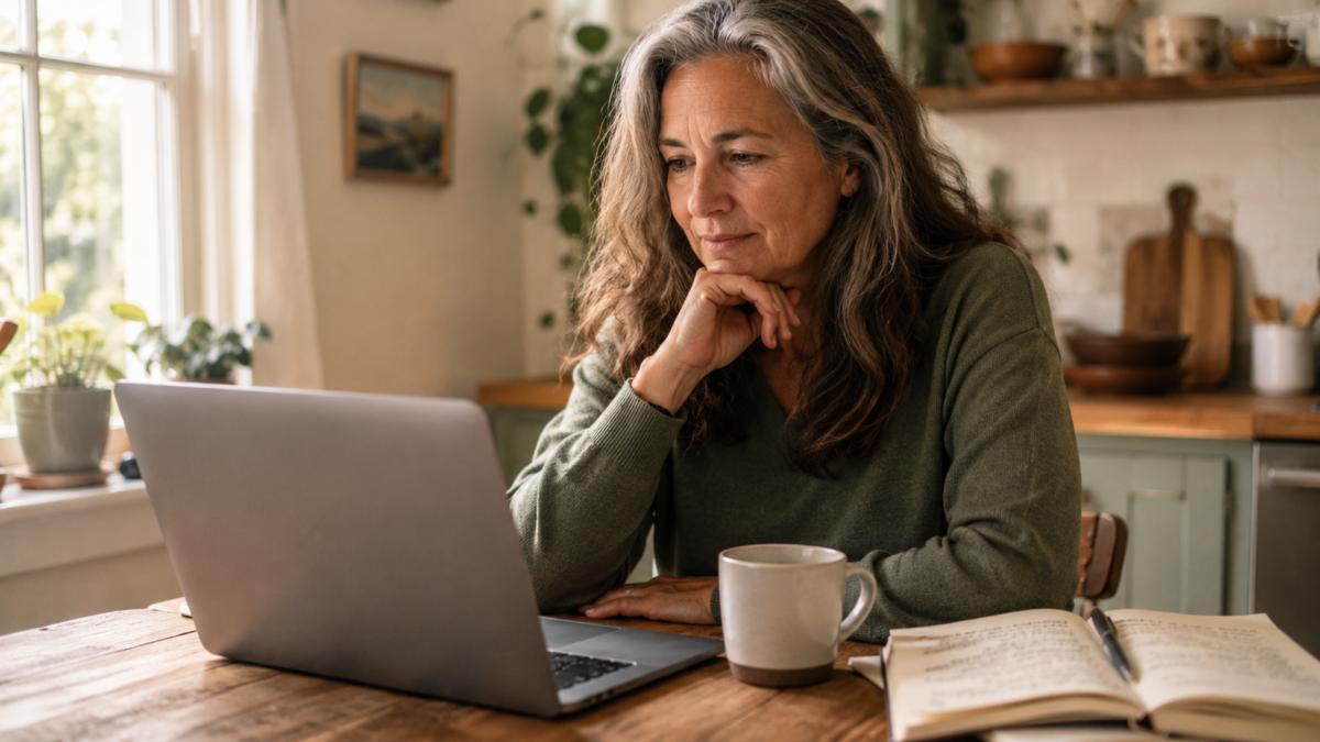 Adult In Their Fifties At A Kitchen Table Calmly Working Through The Ai Mistakes Beginners Make On A Laptop