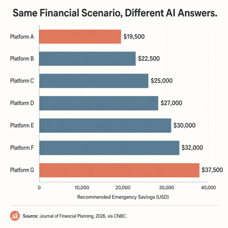 7 Ai Money Mistakes That Could Cost You Thousands 2 Bar Graph Showing Ai Chatbot Emergency Savings Recommendations Ranging From $19,500 To $37,500 For Identical Financial Scenarios, Illustrating Ai Money Mistakes Tied To Bias