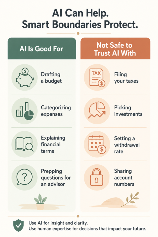 7 Ai Money Mistakes That Could Cost You Thousands 4 Infographic Showing Safe Versus Unsafe Uses Of Ai For Personal Finance, Illustrating The Line Between Helpful Ai Money Uses And Ai Money Mistakes