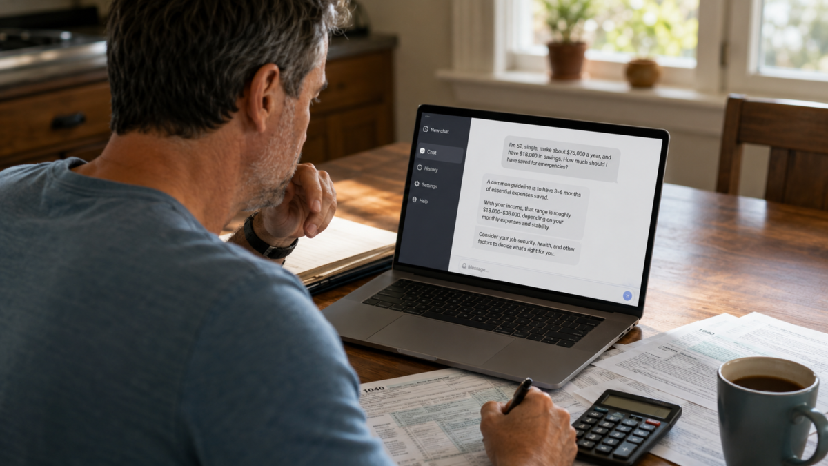 Midlife Man Reviewing Financial Documents Next To A Laptop Showing An Ai Chatbot, Considering Ai Money Mistakes Before Making A Decision