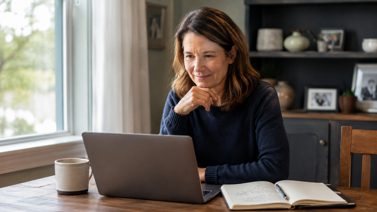 Adult Over 40 Exploring Ai Side Hustles For Adults Over 40 At A Home Office Desk