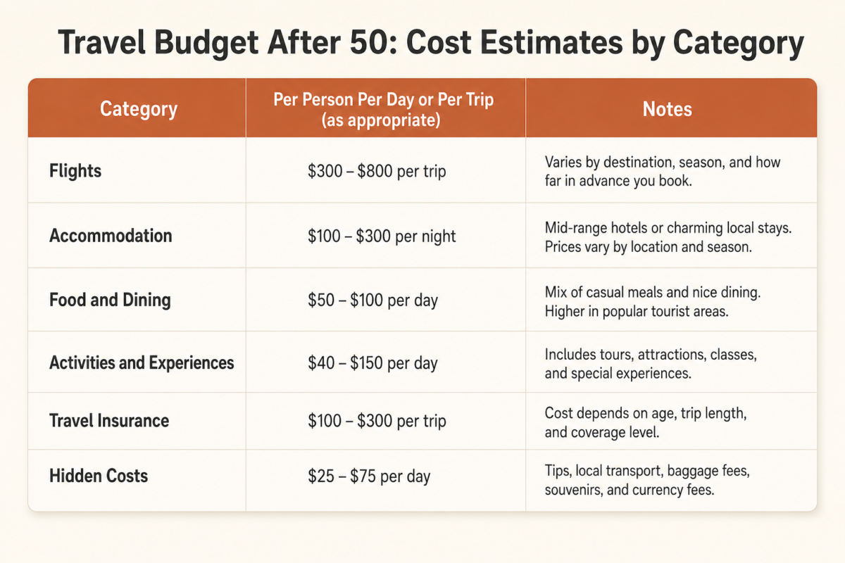 How To Budget Your First Big Trip After 50 2 Budget For Travel After 50 Breakdown Table Showing 6 Cost Categories With Realistic Dollar Ranges For Adults Planning A First Big Trip