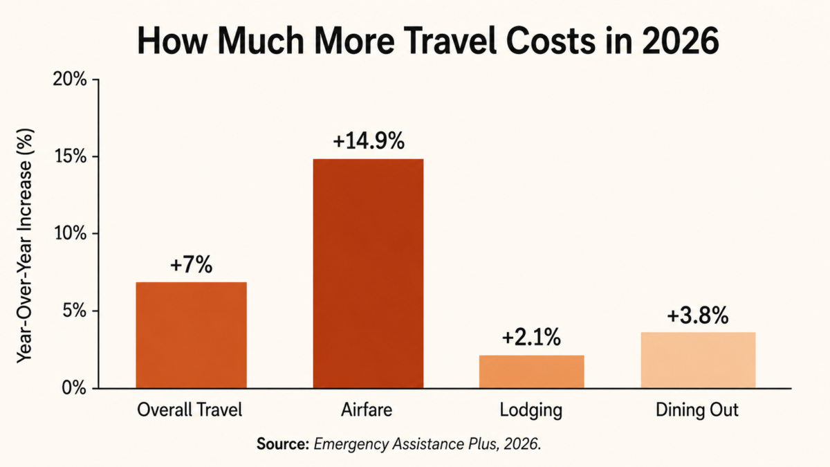 How To Budget Your First Big Trip After 50 5 Budget For Travel After 50. Bar Chart Showing 2026 Travel Cost Increases By Category — Airfare Up 14.9%, Overall Travel Up 7%