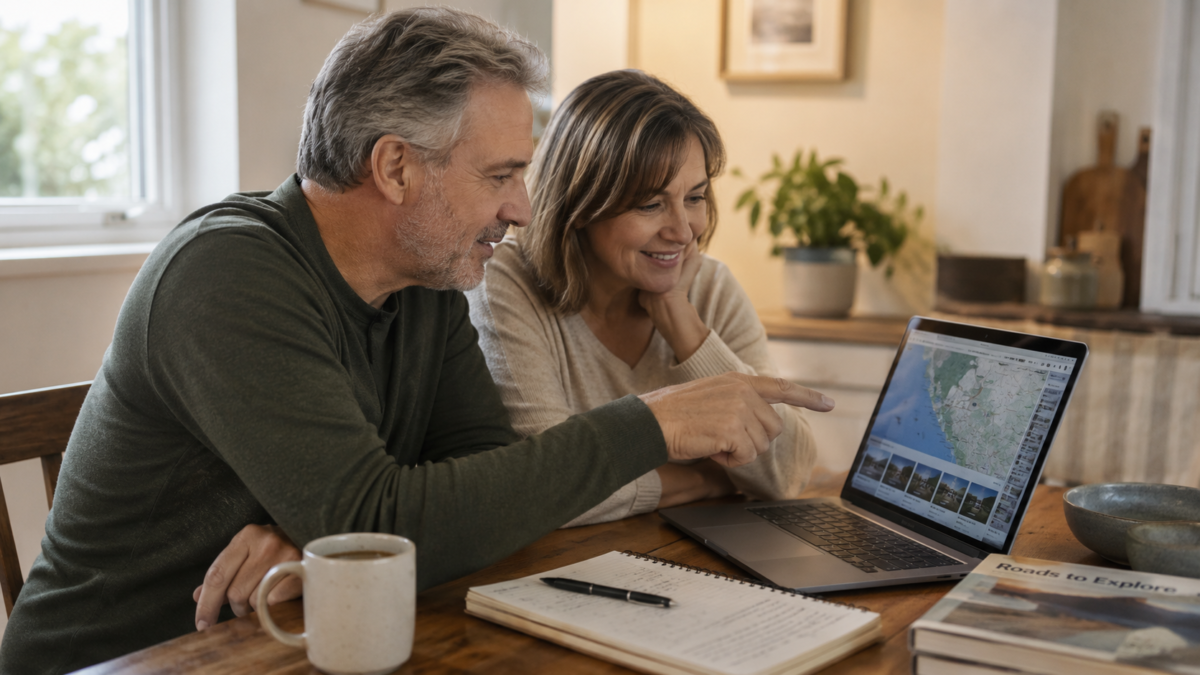 Couple In Their 50S Reviewing Travel Plans And A Trip Budget At A Kitchen Table With A Laptop And World Map