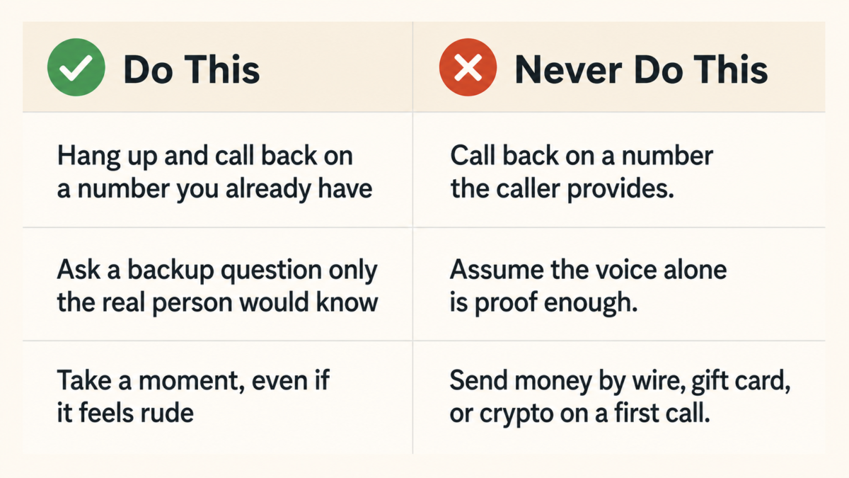 How To Protect Your Family From Ai Voice Cloning Scams 4 Table Showing What To Do Versus What To Avoid During A Suspected Ai Voice Cloning Scam Call