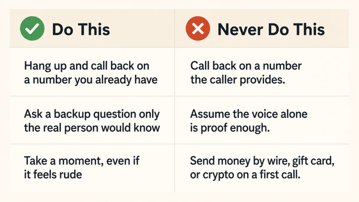 Table Showing What To Do Versus What To Avoid During A Suspected Ai Voice Cloning Scam Call