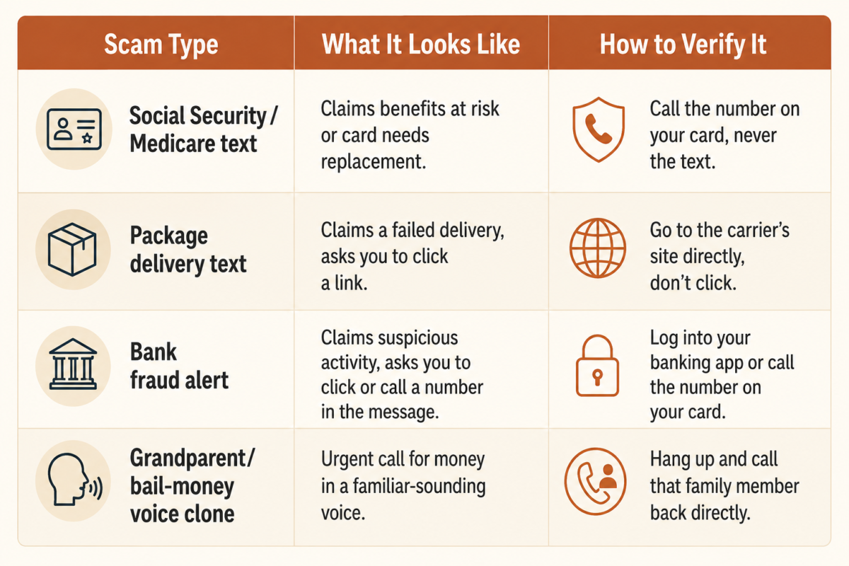 Comparison Table Of The 4 Ai Scam Types Targeting Adults Over 50, What Each Looks Like, And How To Verify It