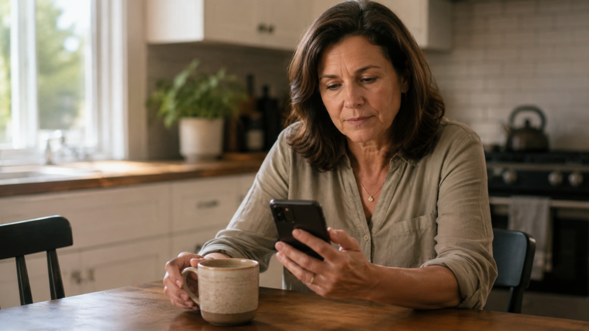 Adult Over 50 Examining A Suspicious Ai Scam Text Message On A Smartphone At A Kitchen Table