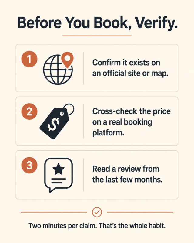 How To Use Ai To Plan A Trip After 50 4 Infographic Showing The Three-Step Ai Trip Planning Verification Habit. Use Ai To Plan A Trip After 50