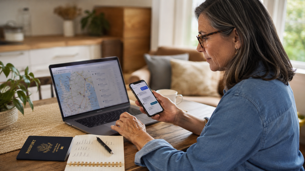 Midlife Traveler Using A Laptop And Phone Together To Plan A Trip With Ai