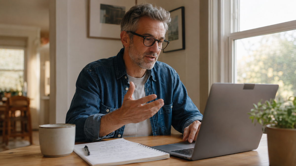 How To Use Ai To Prep For A Job Interview After 50 Fi Midlife Professional Practicing Job Interview Answers Out Loud At A Home Desk With A Laptop Open To An Ai Chat Tool