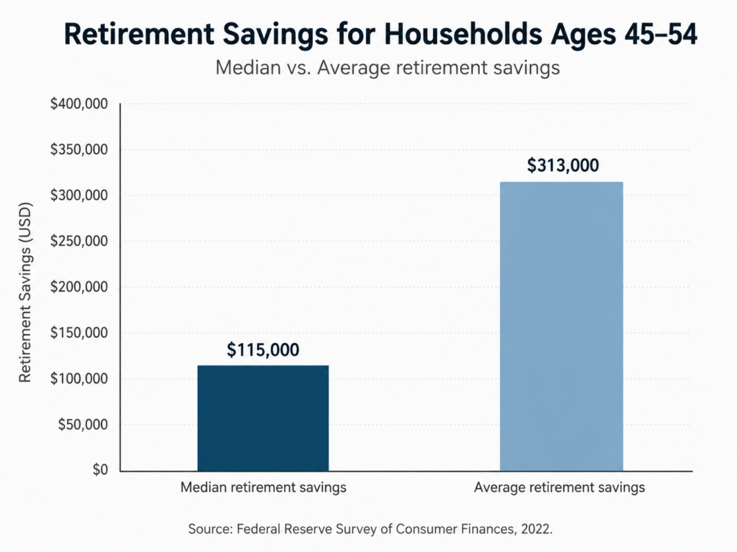 Bar Graph Showing Median And Average Retirement Savings For Households Ages 45 To 54