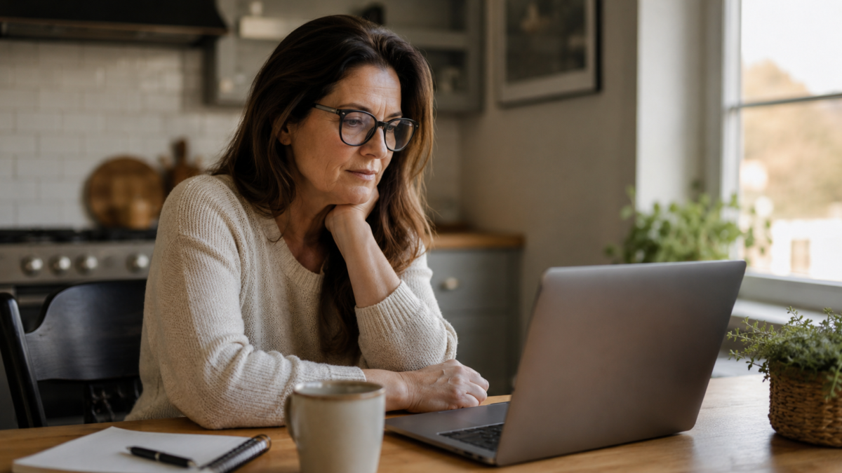 Adult Over 40 Using Ai On A Laptop To Prepare For Retirement At A Kitchen Table