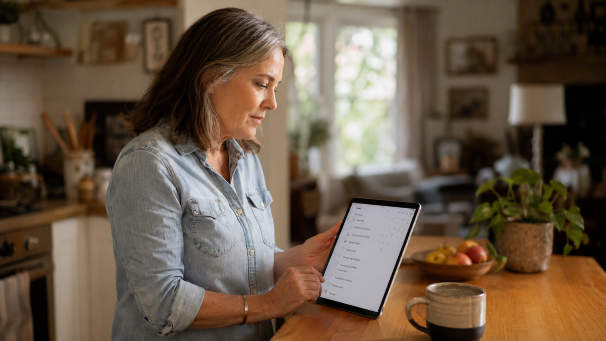 Homeowner Over 50 Reviewing A Home Maintenance Checklist On A Tablet In A Kitchen