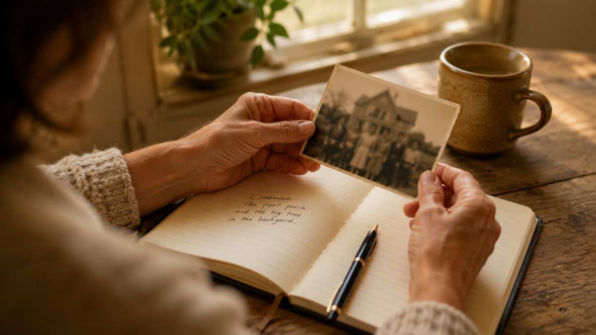 How To Write Your Life Story Before You Forget The Details 4 Person Holding An Old Family Photo While Sitting At A Journal Open To A Blank Page. How To Write Your Life Story.