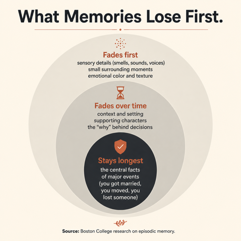 How To Write Your Life Story Before You Forget The Details 5 Diagram Showing Which Types Of Memories Fade First Including Sensory Details And Small Moments Versus Major Life Events Which Persist Longer
