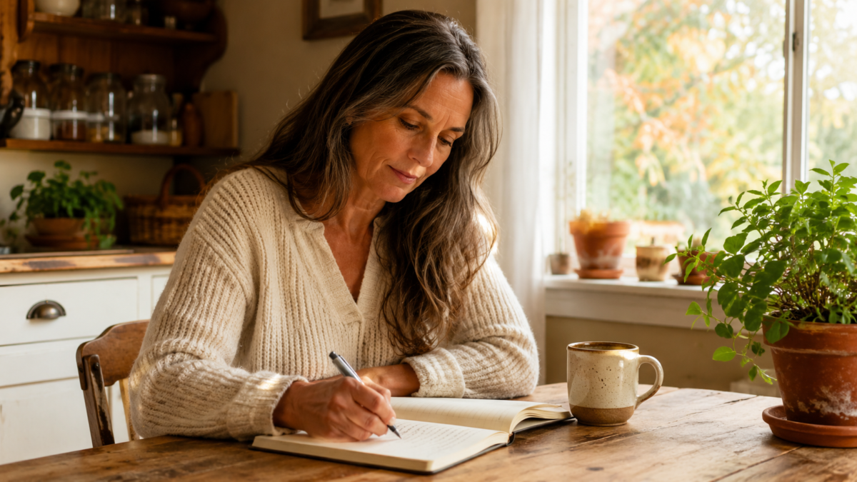 Person Writing Their Life Story In A Journal At A Warm Kitchen Table With A Coffee Mug Nearby