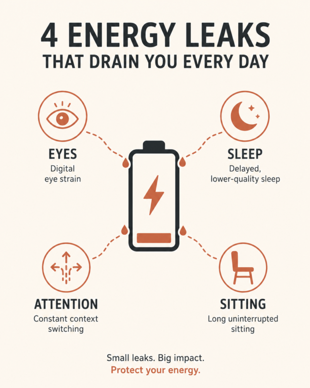 Screen Time And Energy Levels After 40 2 The Four Leak Model Of Screen Time And Energy Levels Showing Eyes, Sleep, Attention, And Sitting