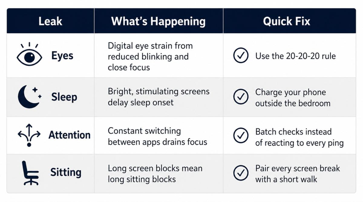 Screen Time And Energy Levels After 40 4 Screen Time And Energy Levels Quick Reference Table Showing Four Leaks And Realistic Fixes