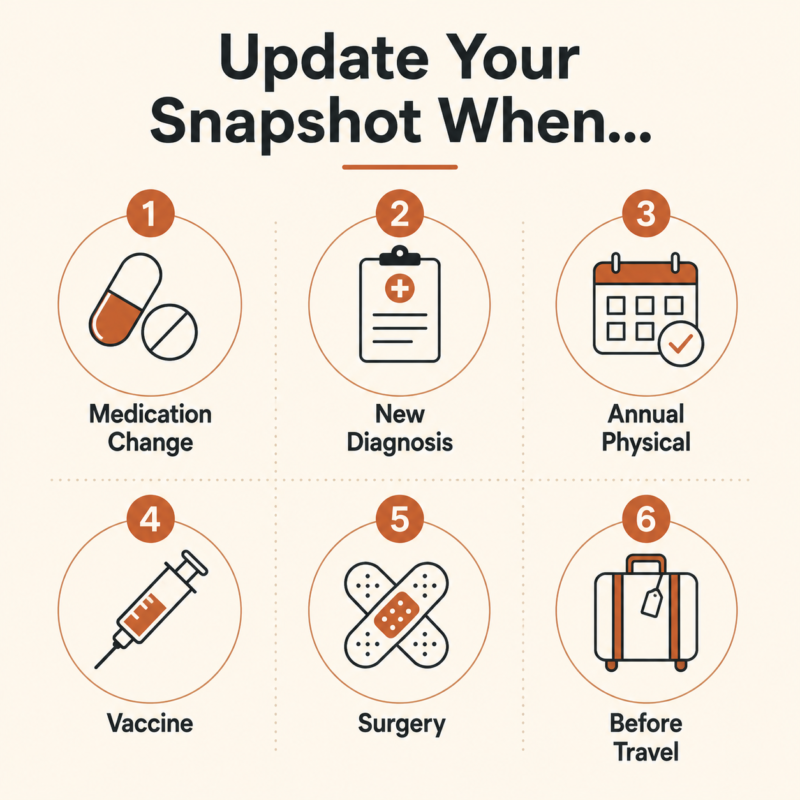 The One Page Health Snapshot Every Adult Over 40 Should Keep 4 Triggers For Updating A One-Page Health Snapshot Including Medication Changes New Diagnoses And Before Travel
