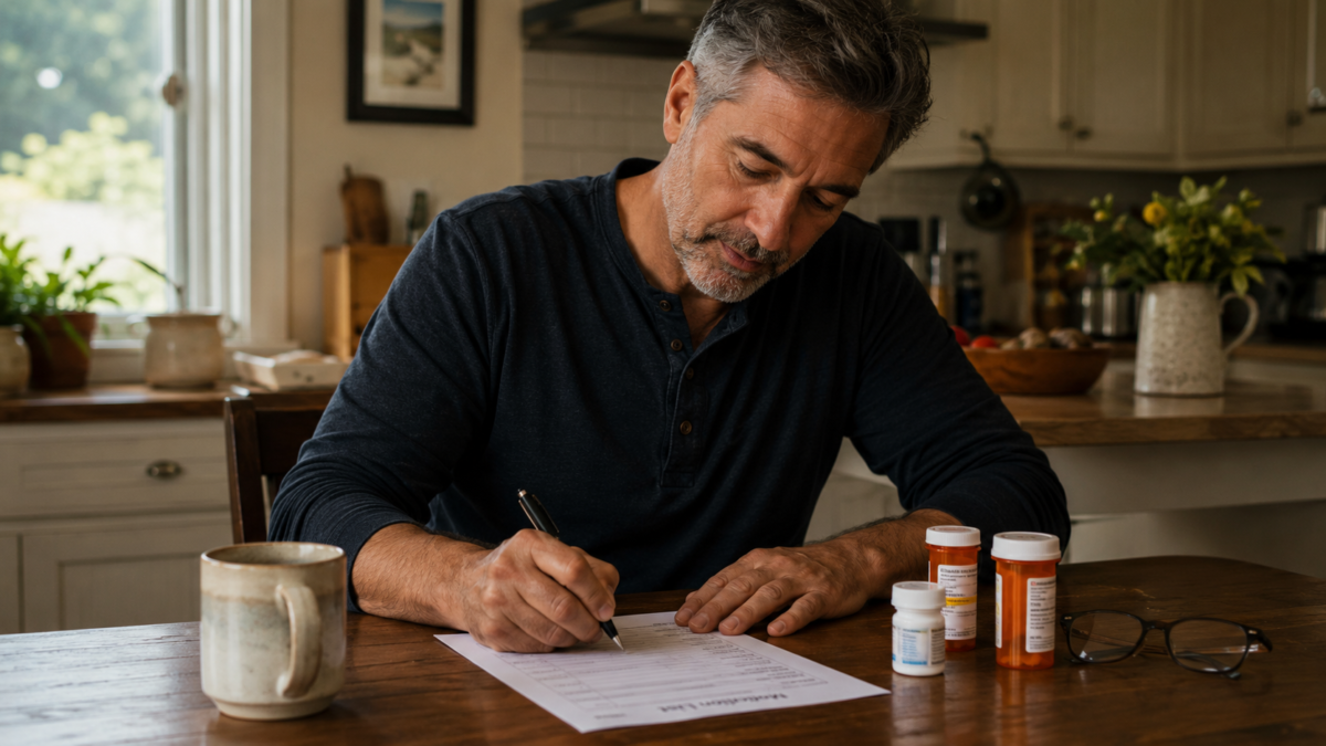 Midlife Adult Filling Out A One-Page Health Snapshot At A Kitchen Table With Medication Bottles And A Notebook Nearby