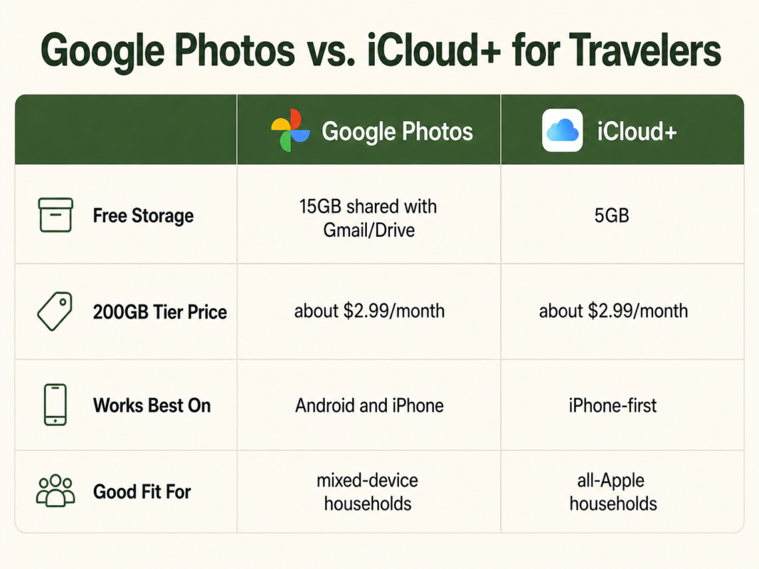 The Simple Photo Backup System Every Traveler Over 40 Needs 3 Comparison Table Of Google Photos And Icloud Storage Tiers And Monthly Pricing For Travelers