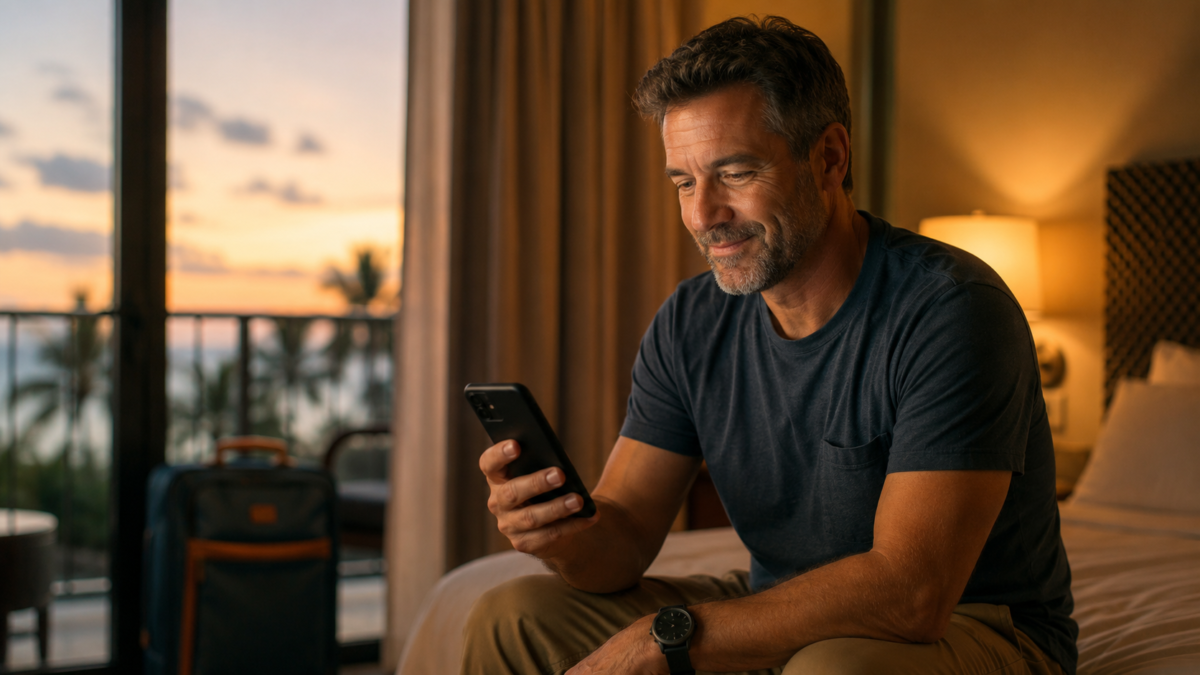 Traveler Checking A Photo Backup System For Travelers On A Smartphone In A Hotel Room During A Trip