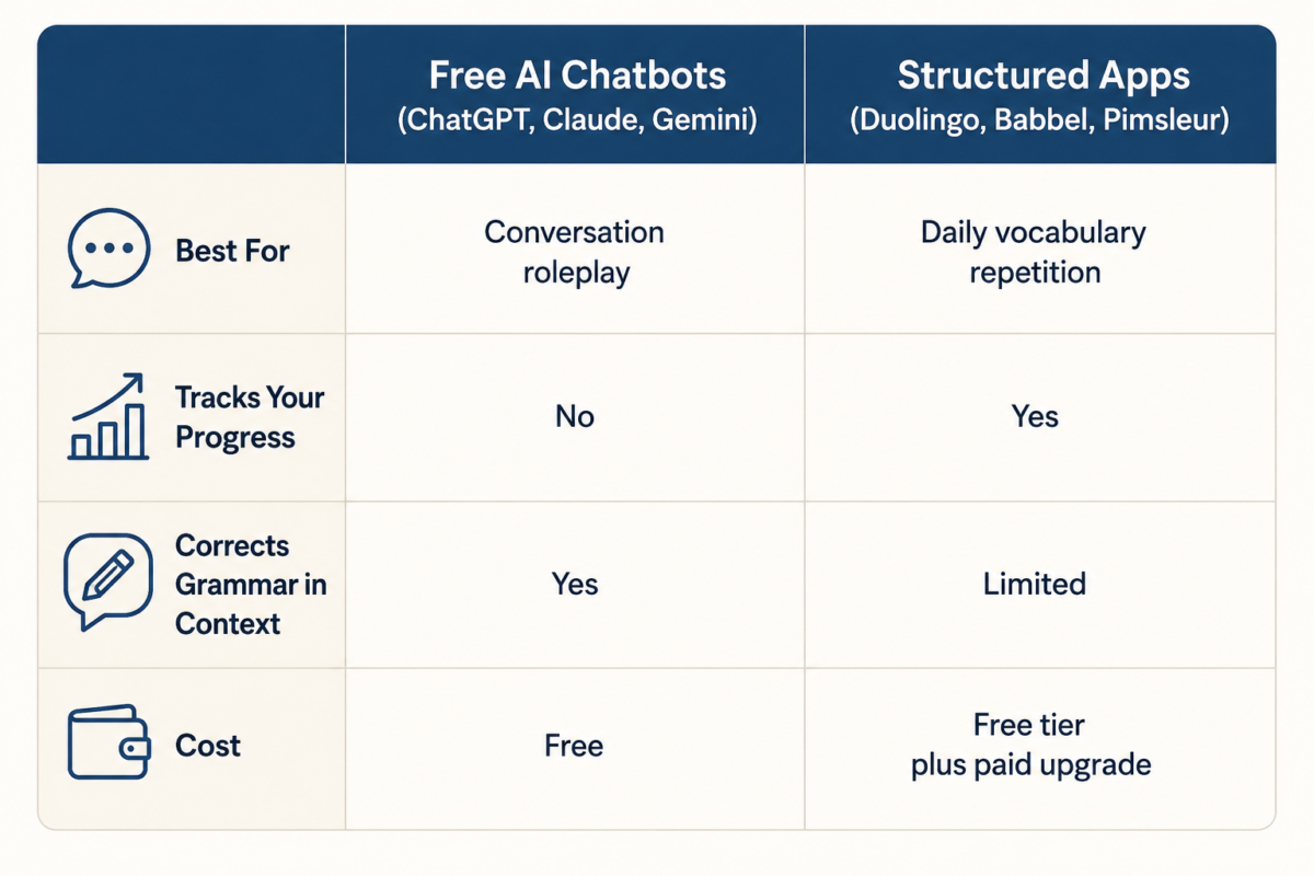 How To Use Ai To Learn A Language Before A Trip 2 Table Comparing Ai Chatbots And Structured Language Apps For Pre-Trip Language Learning