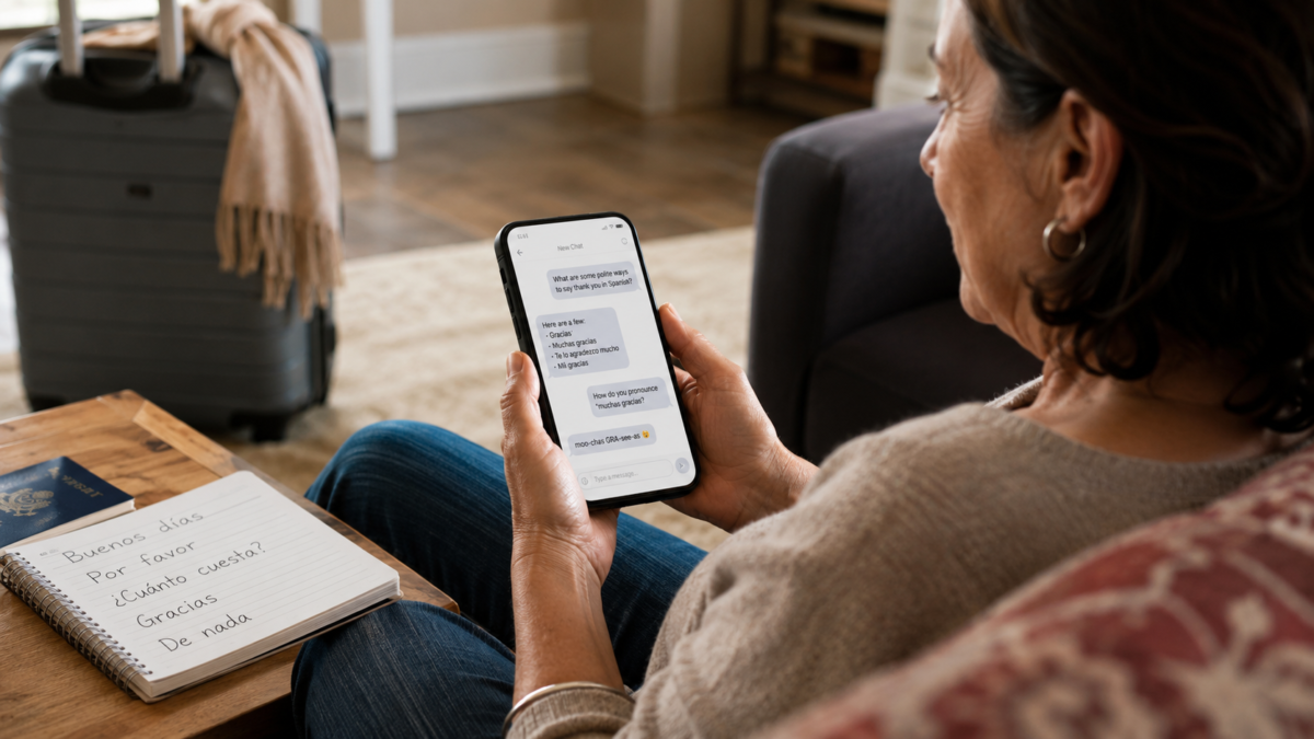 Midlife Traveler Practicing A Language With An Ai Chatbot On A Phone Before A Trip