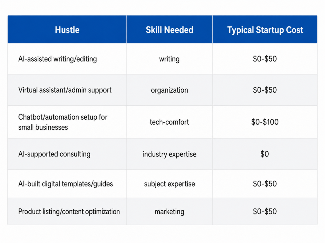 Ai Side Hustles For Adults Over 40 3 Comparison Table Of Six Ai Side Hustles For Adults Over 40 By Skill Needed, Startup Cost, And Income Potential