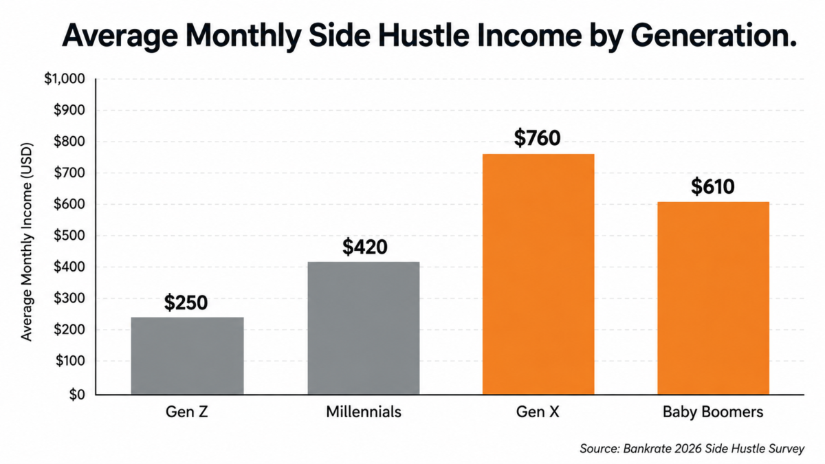 Ai Side Hustles For Adults Over 40 4 Bar Graph Of Average Monthly Ai Side Hustle Income By Generation For Adults Over 40