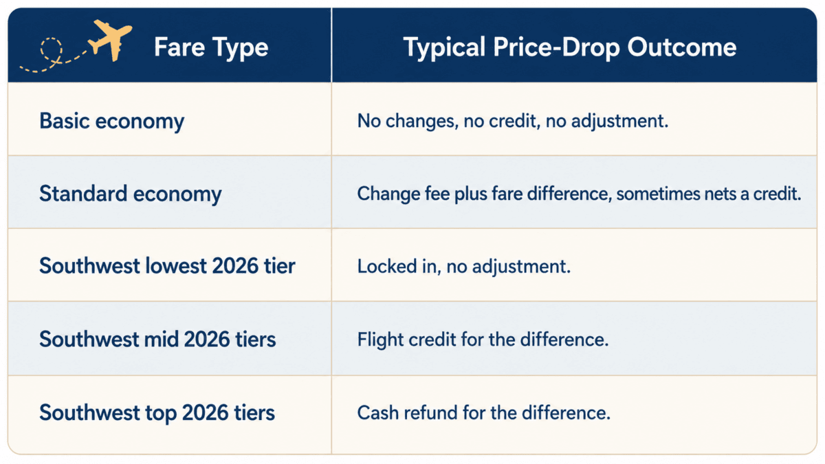 How To Get A Flight Price Drop Refund On Flights Or Cruises 2 Table Comparing Flight Price Drop Refund Outcomes By Airline Fare Type