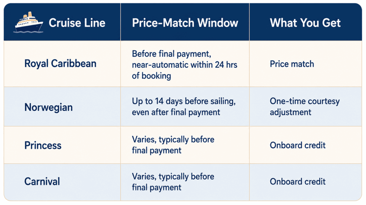 How To Get A Flight Price Drop Refund On Flights Or Cruises 3 Comparison Table Of Cruise Line Price Match Policies For A Flight Price Drop Refund On A Cruise