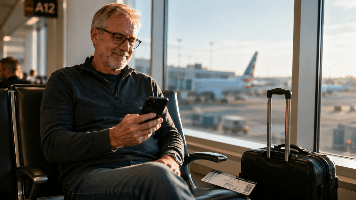 How To Get A Flight Price Drop Refund On Flights Or Cruises Fi Traveler In Their Fifties Checking A Flight Price Drop Refund Alert On A Phone At An Airport Gate Window