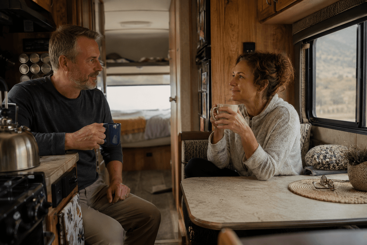 How To Know If Full Time Rv Living After 50 Is Right For You 4 Couple Sharing Coffee In The Small Kitchen Of Their Rv, Adjusting To Close Quarters During Full-Time Rv Living After 50