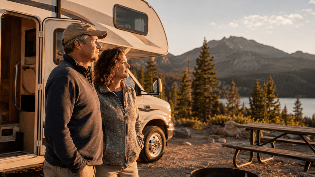 How To Know If Full Time Rv Living After 50 Is Right For You Fi Couple In Their Fifties Standing Beside Their Rv At A Campground At Golden Hour, Considering Full-Time Rv Living After 50