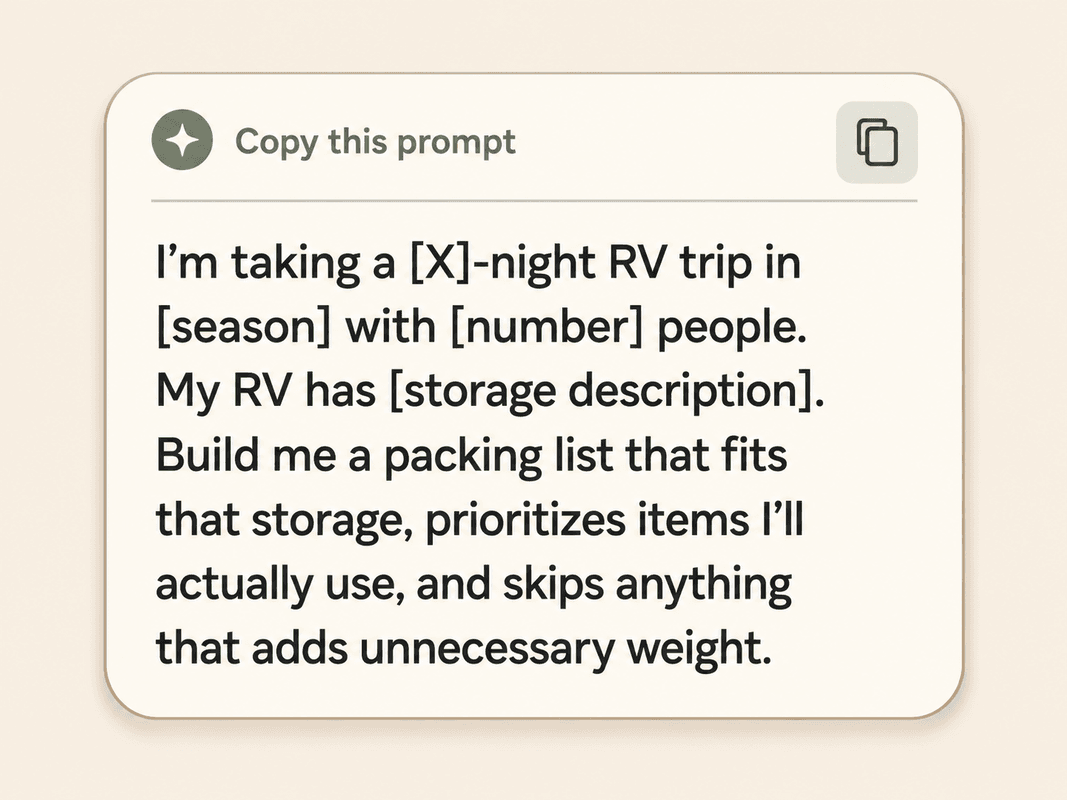 How To Plan Your First Rv Trip With Ai 3 Illustrated Prompt Card Showing The Exact Ai Packing List Prompt To Copy, Part Of A Guide On How To Plan Your First Rv Trip With Ai