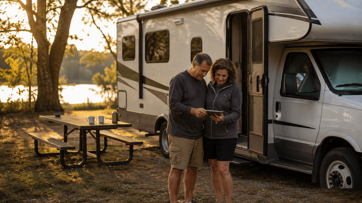 How To Plan Your First Rv Trip With Ai Fi Couple Checking A Phone With A Planned Route Beside A Small Rv At A Quiet Campsite, An Example Of How To Plan Your First Rv Trip With Ai
