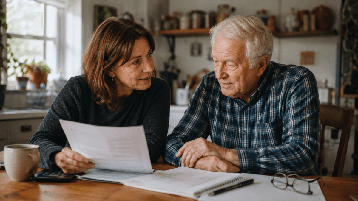 Adult Child And Aging Parent Reviewing An In Case Something Happens To Me Document Together At A Kitchen Table