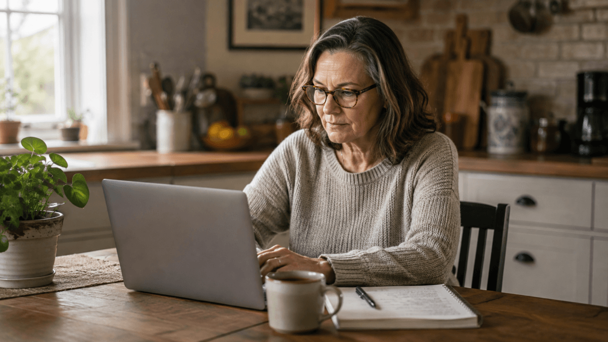 Woman In Her Fifties At A Kitchen Table In Soft Afternoon Light Working On Her In Case Something Happens To Me Document With A Laptop And Notebook