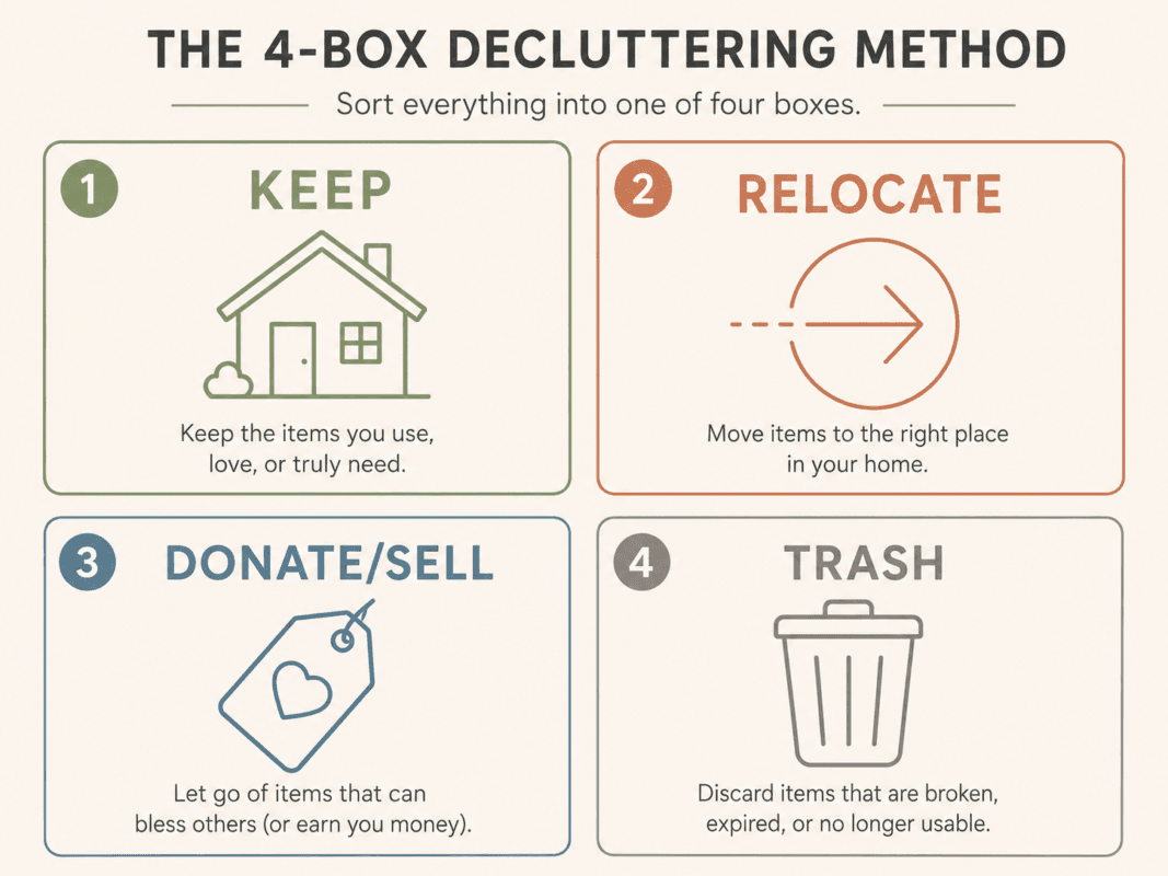 Infographic Showing The 4-Box Method For How To Use Ai To Declutter Before A Move: Keep, Relocate, Donate Or Sell, And Trash