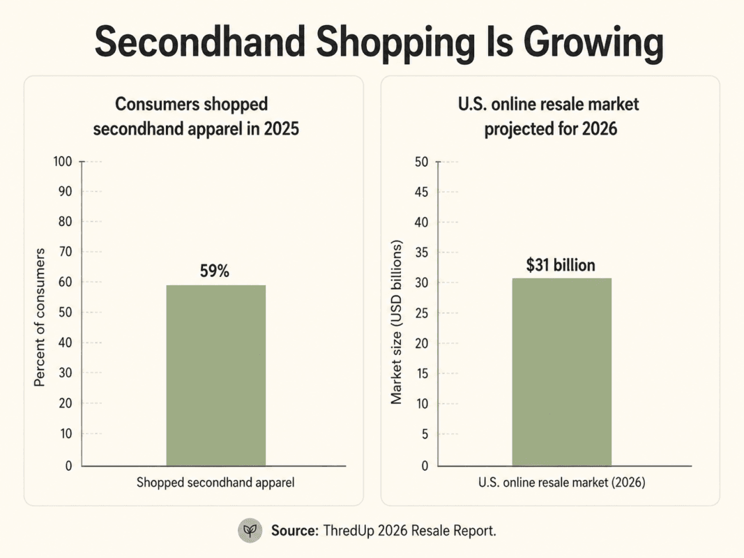 Bar Graph Illustrating Resale Market Growth Relevant To How To Use Ai To Declutter Before A Move, Showing 59 Percent Of Shoppers Buying Secondhand In 2025