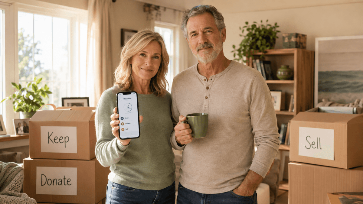 Midlife Couple Learning How To Use Ai To Declutter Before A Move While Sorting Labeled Moving Boxes In A Sunlit Living Room